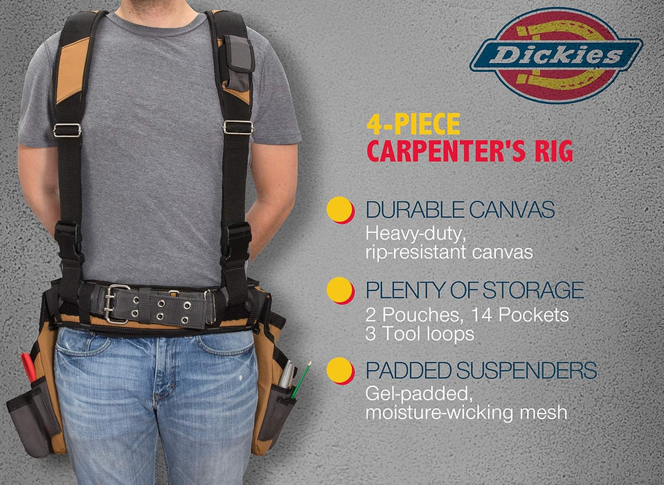 Dickies 57023 4-Piece Carpenter's Rig, Padded Tool Belt Suspenders, Cooling Mesh, Leather Tool Belt, Steel Buckle, Grey/Tan, 3.8 lb.