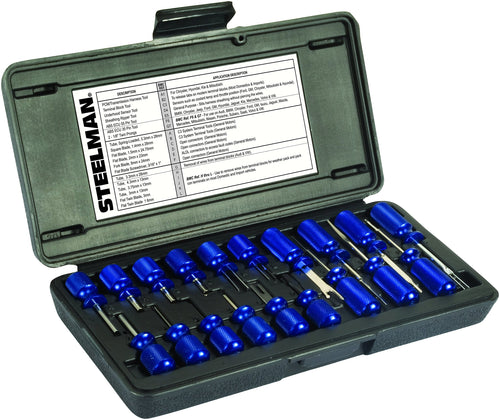 Steelman (95978) 19-Piece Master Terminal Tool Kit for Auto Techs, Removes Terminal Block Wires Without Damage, Includes: Tube, Flat, Fork Blade, Single Pin, Sheathing Ripper, & Others