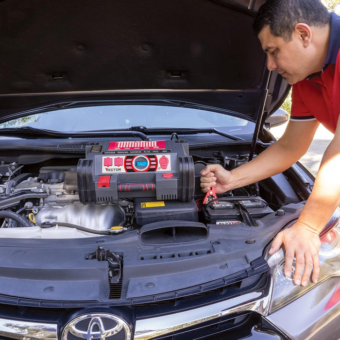 Vector PPRH5V 1200 Peak Amp Automotive Jump Starter, Portable Power – 10W USB Port, 500W Inverter, 120 PSI Air Compressor