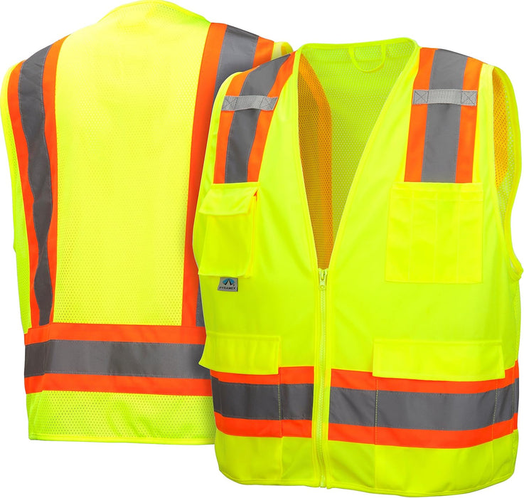 Pyramex Class 2 Surveyor's Safety Vest with 6 Pockets, Hi-Vis Lime, 4XL