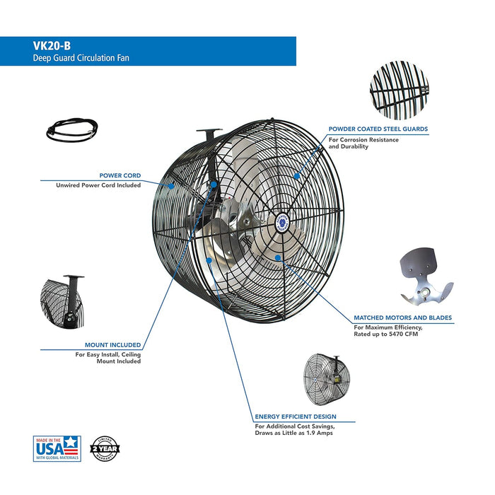 Schaefer VK20-B VersaKool Air Circulator Fan & Aluminum Blade, Ceiling Wall Mount Greenhouse Fan, 5470 CFM, 1/3 hp, Energy-Efficient Commercial use for Patio, Garage, Industrial & Workshop (Black)