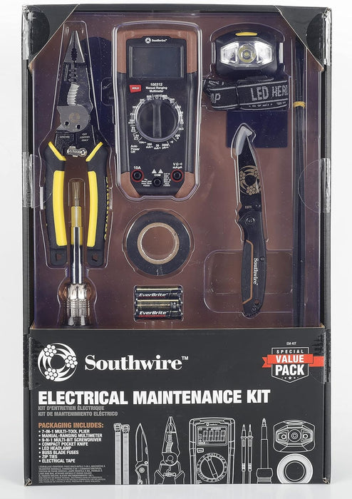 Electrical Maintenance Tool Kit including Multi-Tool Pliers, Multimeter, Multi-Bit Screwdriver, Compact Pocket Knife, LED Headlamp, Buss Blade Fuses, Zip Ties, and Electrical Tape