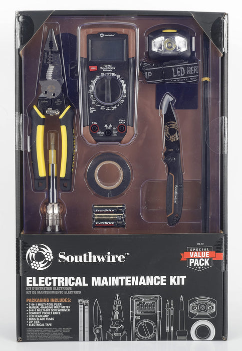 Electrical Maintenance Tool Kit including Multi-Tool Pliers, Multimeter, Multi-Bit Screwdriver, Compact Pocket Knife, LED Headlamp, Buss Blade Fuses, Zip Ties, and Electrical Tape