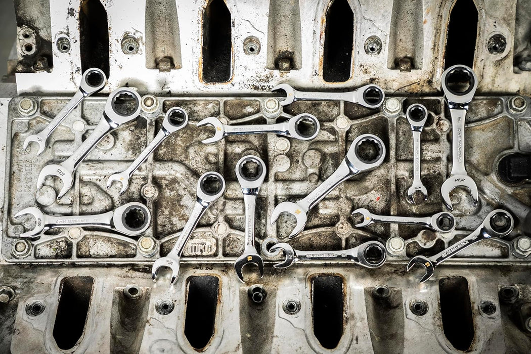 GEARWRENCH 86859 14 Piece 90-Tooth 12 Point Stubby Combination Ratcheting Wrench Set, SAE & Metric, 3/8" to 3/4" & 10mm to 18mm