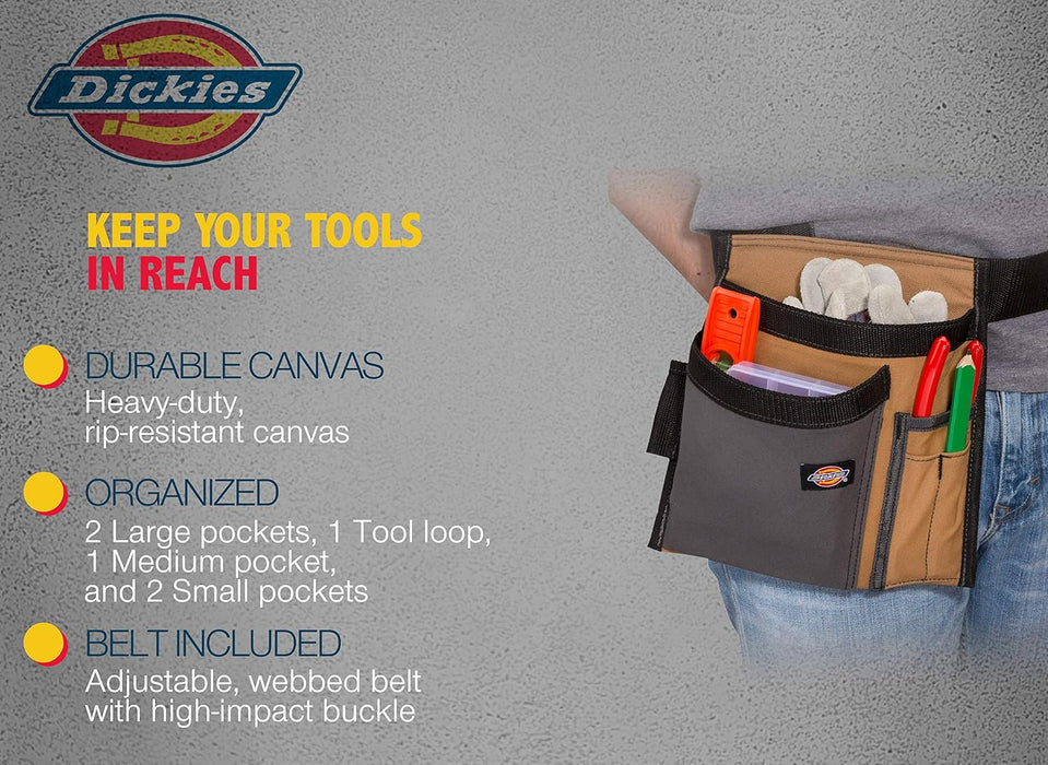 Dickies 57026 5-Pocket Single Side Tool Belt Pouch/Work Apron for Carpenters and Builders, Durable Canvas Construction, Adjustable Belt for Custom Fit, Grey/Tan