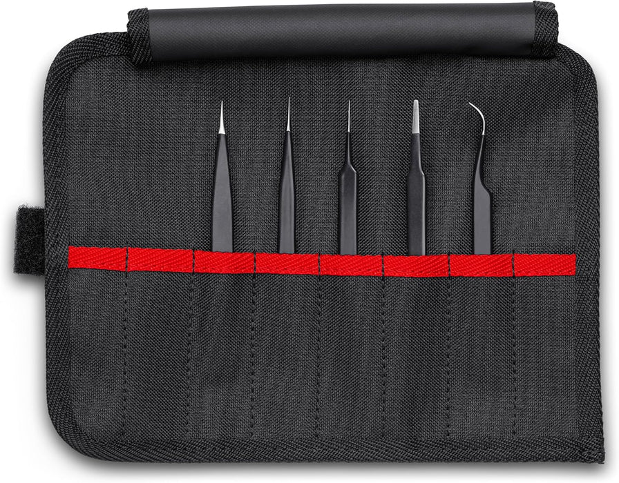 KNIPEX Tools 92 00 01 ESD 5 Pc Stainless Steel Tweezers Set in Tool Roll-ESD, Black