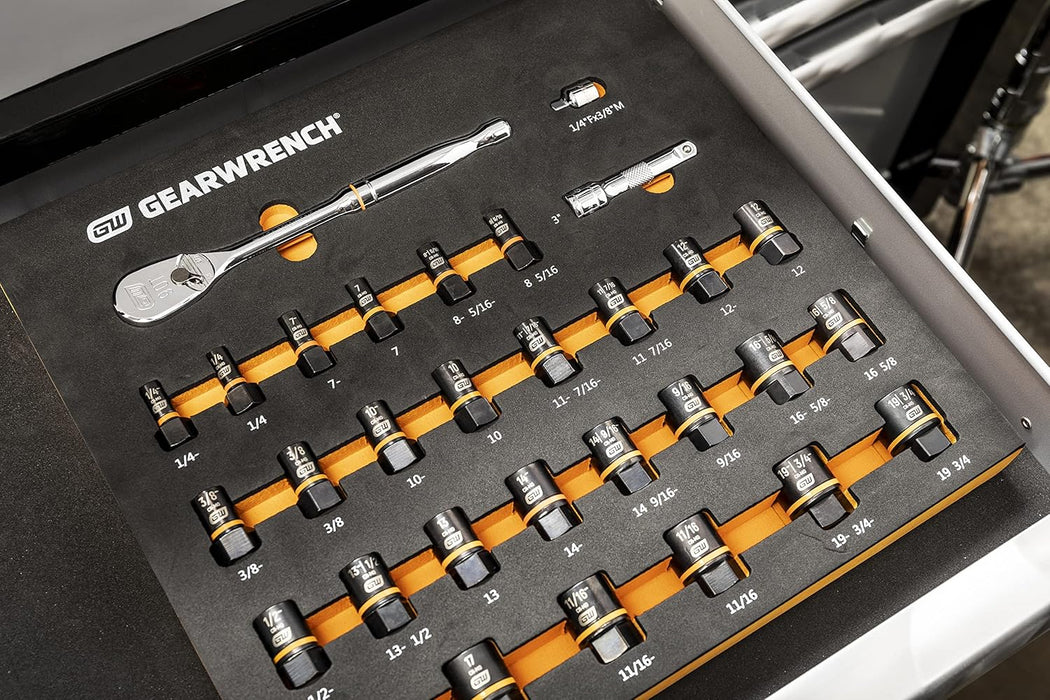 GEARWRENCH 86525 31 Piece Bolt Biter Ratchet Socket Set MM/SAE with EVA Foam Tray