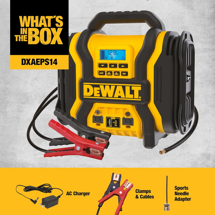 DEWALT DXAEPS14-Type2 2000 Peak Battery Amp 12V Automotive Battery Booster Jump Starter/Power Station with 120 PSI Compressor, 500W AC Power Inverter, and 15W USBa & 25W USB Ports 2000 Amp
