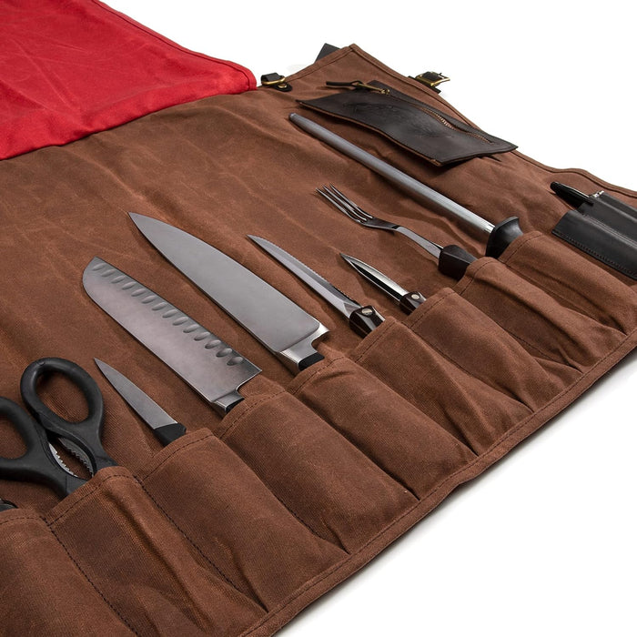 Dickies 57123 Chef Knife Roll Bag Portable Organizer and Cutlery Storage Roll, Waxed Canvas and Leather