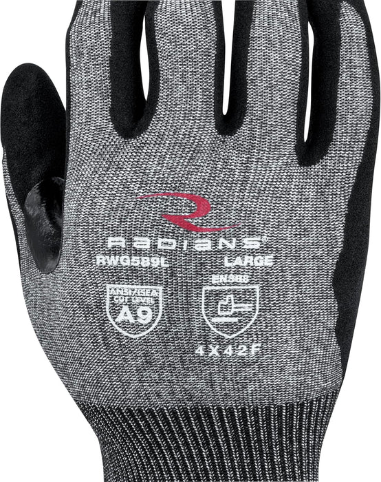 Radians RWG589M Unisex Touchscreen Cut Level A9 Sandy Foam Nitrile Coated Cut Resistant Work Glove, Gray Shell/Black Palm, Medium