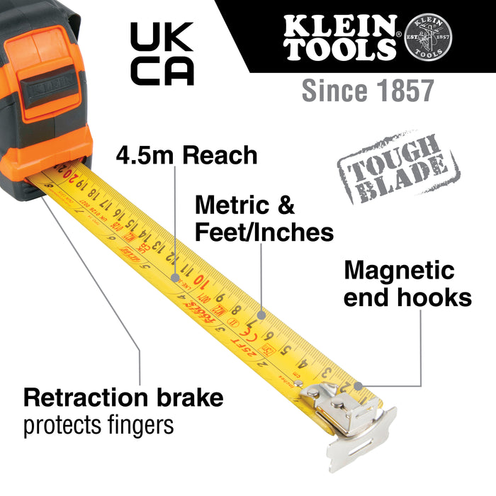Klein Tools 9375 Tape Measure, Heavy-Duty Measuring Tape with 7.5 m Metric Double-Hook Double-Sided Nylon Reinforced Blade, Metal Belt Clip