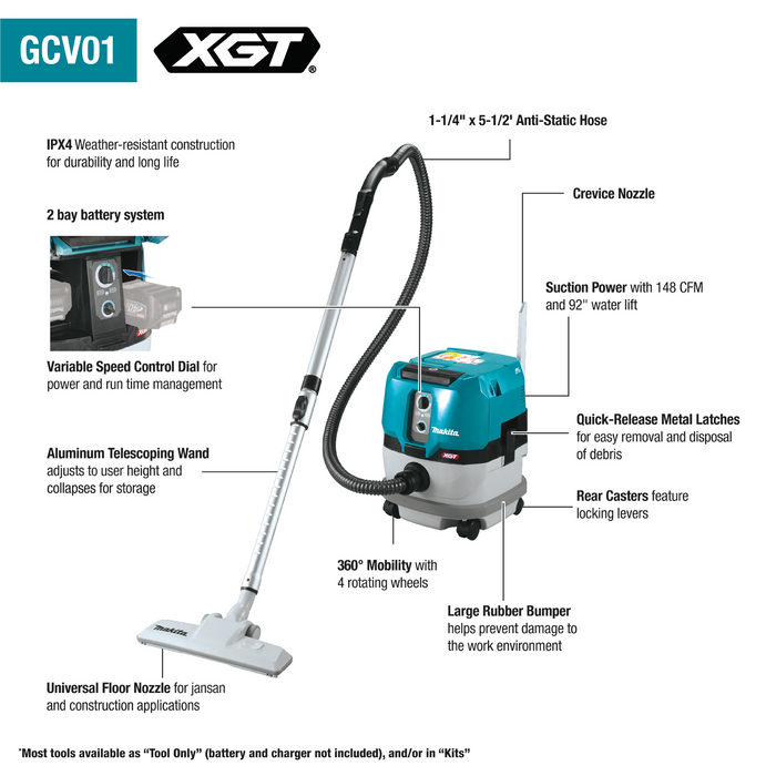 Makita 40V Max XGT Brushless Cordless 2.1 Gallon Wet/Dry Dust Extractor/Vacuum (Bare Tool)