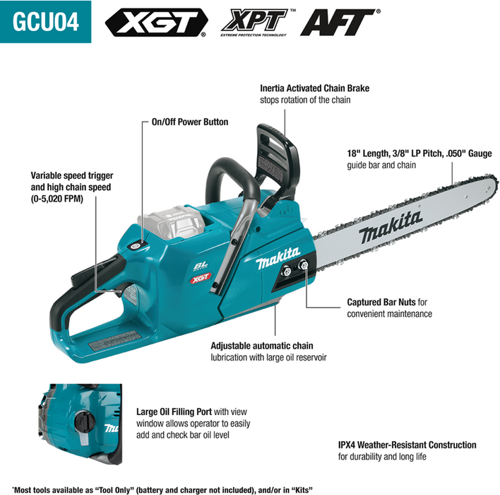 Makita (GCU04T) 40V MAX XGT Brushless Cordless 18 In. Chain Saw Kit