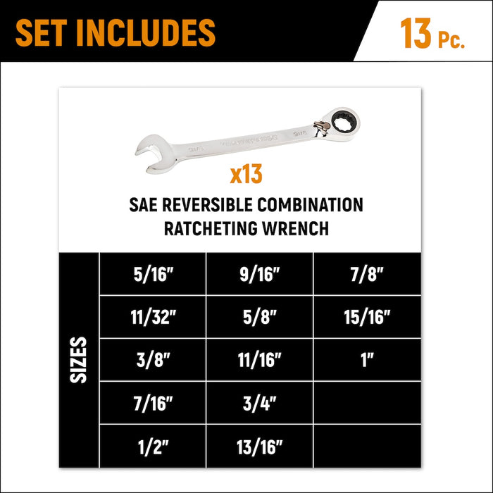 GEARWRENCH 9509N 13 Piece 72-Tooth 12 Point Reversible Ratcheting Combination SAE Wrench Set