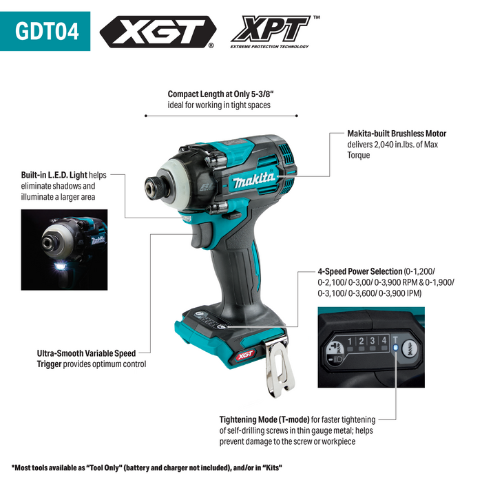 Makita GDT04Z 40V max XGT Brushless Cordless High Torque 4‑Speed Impact Driver, Tool Only