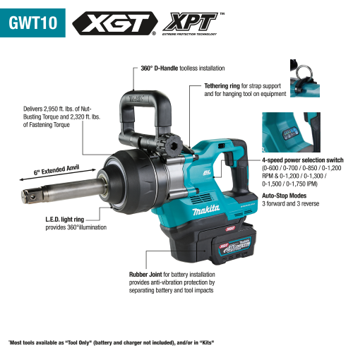 Makita GWT10T 40V max XGT Brushless Cordless 4‑Sp. High‑Torque 1" Sq. Drive D‑Handle Extended Anvil Impact Wrench Kit (5.0Ah) & FREE Makita GAG01Z