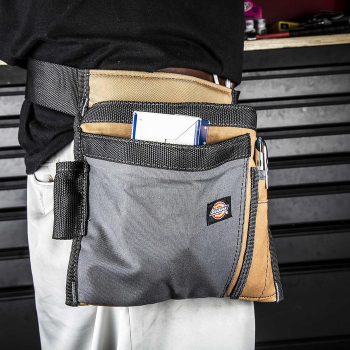 Dickies 57026 5-Pocket Single Side Tool Belt Pouch/Work Apron for Carpenters and Builders, Durable Canvas Construction, Adjustable Belt for Custom Fit, Grey/Tan