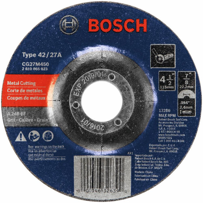 Bosch (CG27M450) 4-1/2 In. 3/32 In. 7/8 In. Arbor Type 27 24 Grit Light Grinding/Metal Cutting Abrasive Wheel