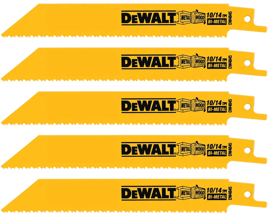 DEWALT DW4845 Reciprocating Saw Blades, Straight Back, 6-Inch, 10/14 TPI, Yellow (Pack of 5)