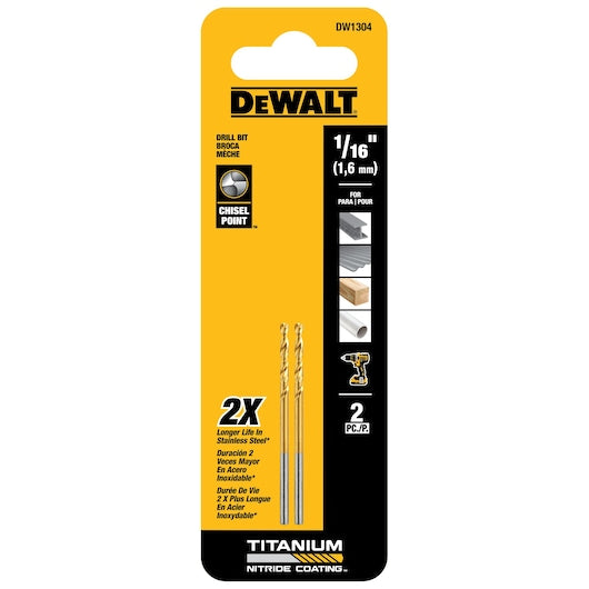 DEWALT DW1304 1/16" Titanium Nitride Split Point Twist Drill Bit, Gold