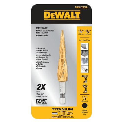 DEWALT DWA1783IR 1/8" - 1/2" IMPACT READY Titanium Nitride Coating Step Drill Bit