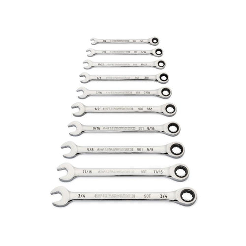 GEARWRENCH 86958 10 Piece 90-Tooth 12 Point SAE Combination Ratcheting Wrench Set