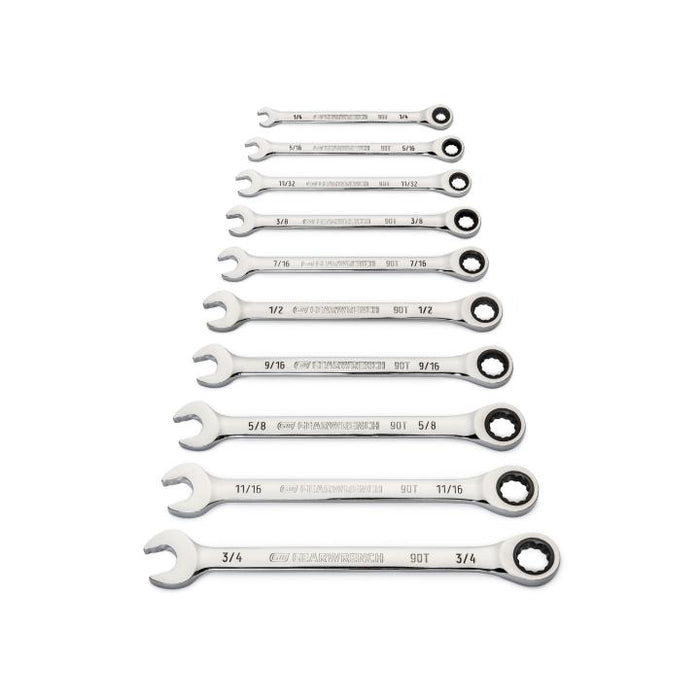 GEARWRENCH 86958 10 Piece 90-Tooth 12 Point SAE Combination Ratcheting Wrench Set