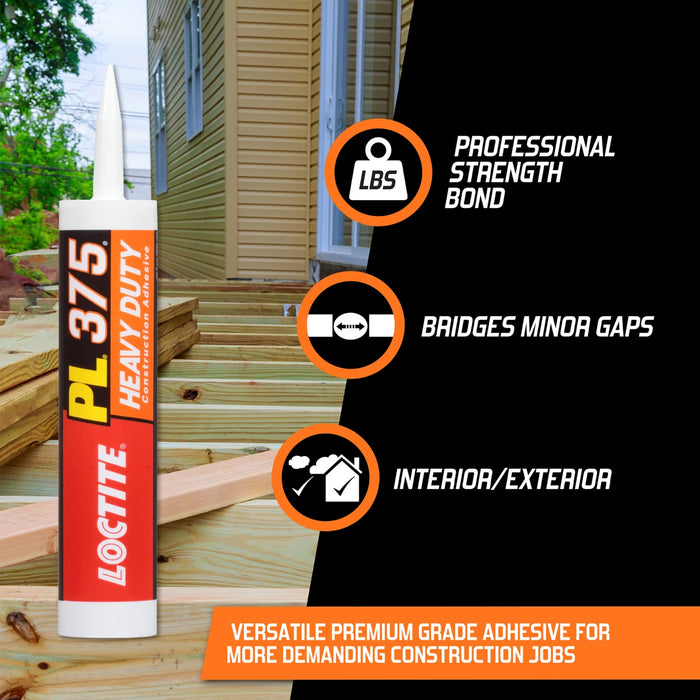 Loctite PL375 VOC Heavy Duty Construction Adhesive, Versatile Construction Glue for Wood, Fiberboard, Drywall & More, 10 fl oz Cartridge (Pack of 1)