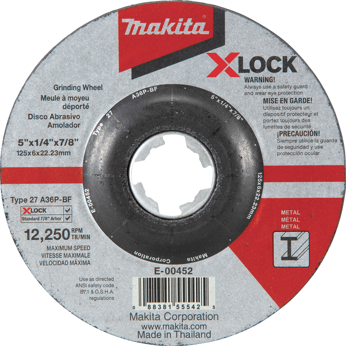 Makita E-00452 X-Lock 5" x 1/4" x 7/8" Type 27 General Purpose 36 Grit Metal Abrasive Grinding Wheel