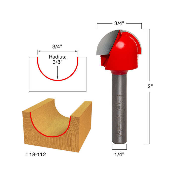 Freud 18-112 3/4" Diameter Round Nose Router Bit with 1/4" Shank