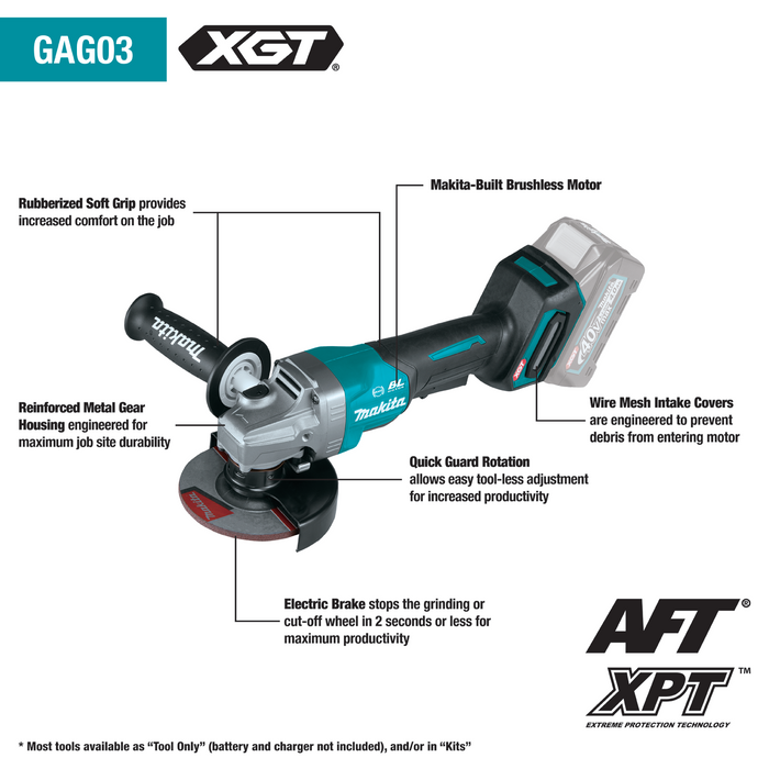 Makita 40V Max XGT Brushless Cordless 4‑1/2” / 5" Paddle Switch Angle Grinder, with Electric Brake (Bare Tool)