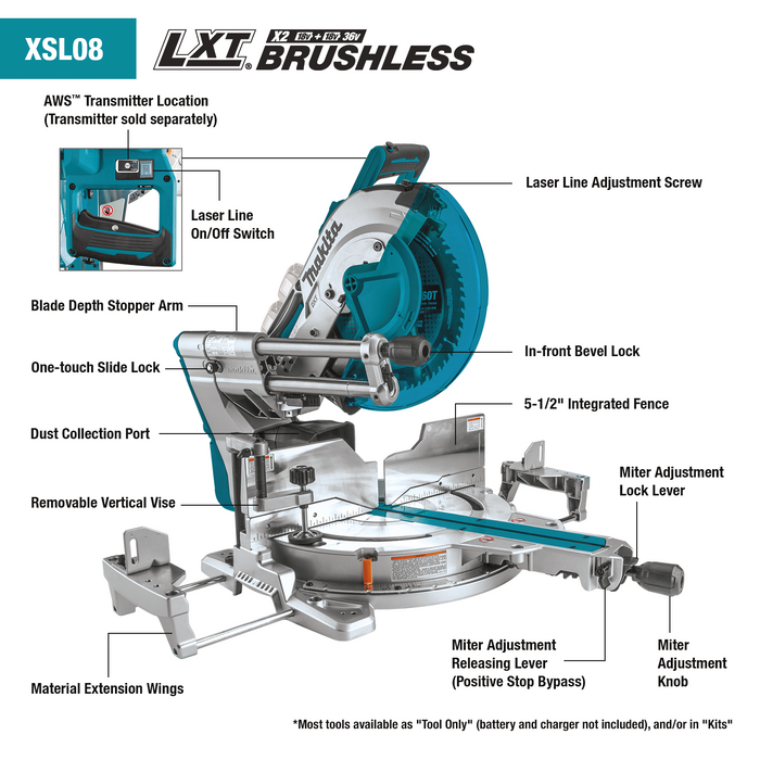 Makita 36V (18V X2) LXT Brushless 12" Dual‑Bevel Sliding Compound Miter Saw Kit, AWS Capable and Laser