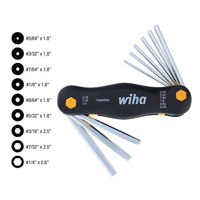 Wiha 35197 Inch Pocket Star Fold Up Key Set with Large Ergo Handle, 9-Piece