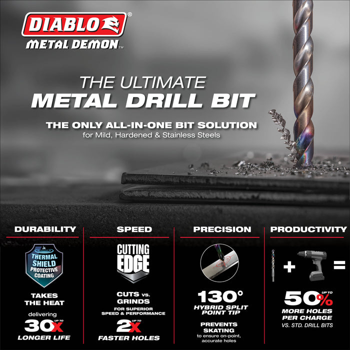 Diablo DMD2364JP1 Metal Demon Drill Bits for Mild, Hardened and Stainless Steels, 23/64-Inch Diameter, 3-Flats Shank, 4.9-Inch Length