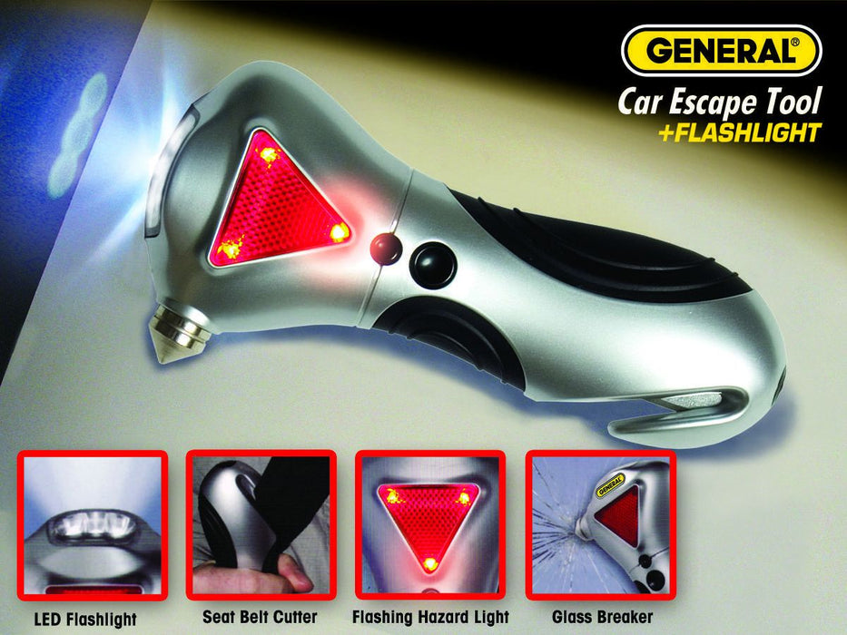 General Tools 4-in-1 Car Escape Tool - Window Breaker, Seat Belt Cutter, Flashing Hazard Light, LED Flashlight