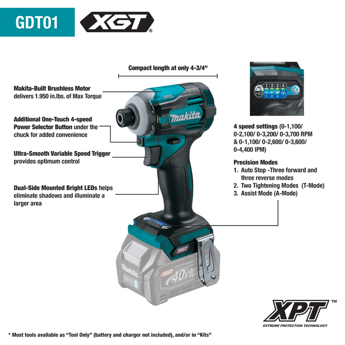 Makita 40V Max XGT Brushless Cordless 4‑Speed Impact Driver (Bare Tool)