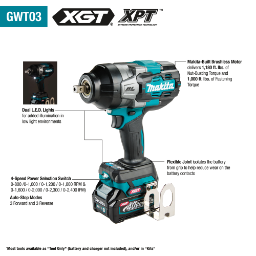 Makita (GWT03Z) 40V max XGT Brushless Cordless 4‑Speed High‑Torque 1/2" Sq. Drive Impact Wrench w/ Detent Anvil, Tool Only