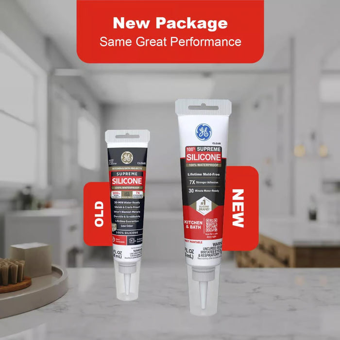 GE Supreme Silicone Caulk for Kitchen & Bathroom, White, 2.8 fl oz Tube, 100% Waterproof Silicone Sealant, 7X Stronger Adhesion, Shrink & Crack Proof
