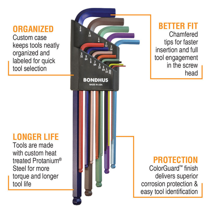 Bondhus 69600 Ball End DoublePK L-Wrench Set with ColorGuard, 22 Piece