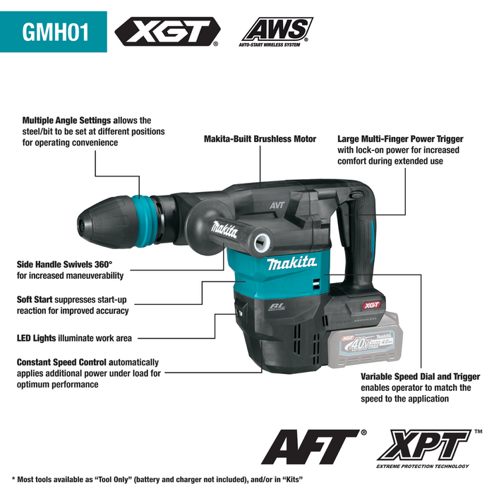 Makita GMH01M1 40V Max XGT Brushless Cordless 15 lb. SDS‑MAX AVT Demolition Hammer Kit, AWS Capable (4.0Ah)