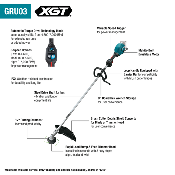 Makita GRU03Z 40V max XGT Brushless Cordless 17" String Trimmer, Tool Only