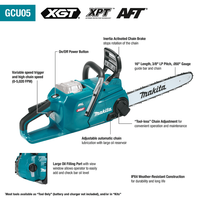 Makita (GCU05T) 40V XGT Brushless Cordless 16 In. Chain Saw Kit