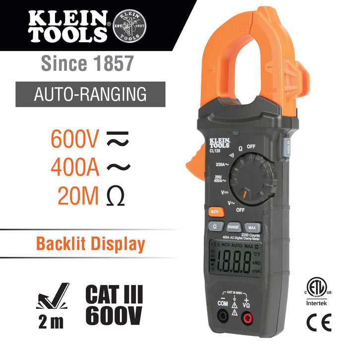 Klein Tools CL120 Digital Clamp Meter, AC Auto-Ranging 400 Amp