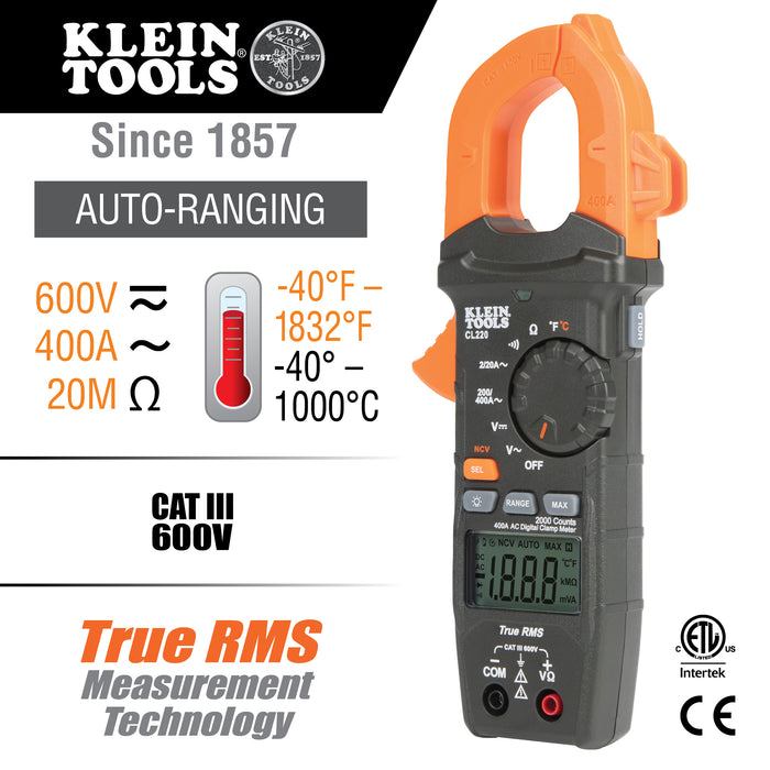 Klein Tools CL220 Digital Clamp Meter, Auto-Ranging 400 Amp AC, AC/DC Voltage, TRMS, Resistance, Continuity, NCVT Detection, and Temp