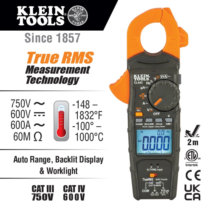 Klein Tools CL445 HVAC Clamp Meter, Auto-Ranging TRMS, NCVT, Measures Voltage, Current, Temperature, Micro Amps, InRush and More