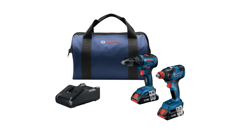Bosch 18V 2-Tool Combo Kit with 1/2 In. Hammer Drill/Driver, Freak 1/4 In. and 1/2 In. Two-in-One Bit/Socket Impact Driver and (2) CORE18V 4.0 Ah Compact Batteries