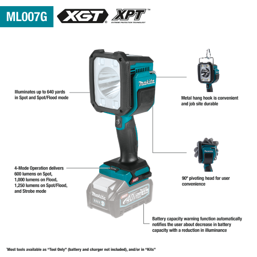 Makita (ML007G) 40V max XGT Cordless L.E.D. Flashlight / Spotlight, Light Only