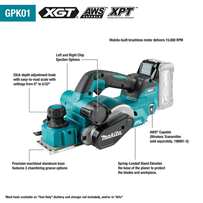 Makita (GPK01M1) 40V max XGT Brushless Cordless 3‑1/4" Planer Kit, AWS Capable (4.0Ah)