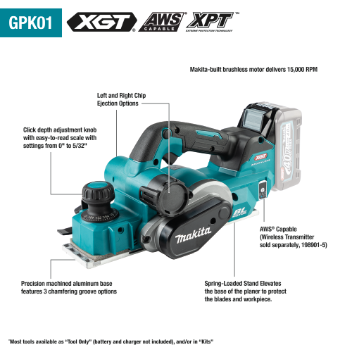 Makita (GPK01Z) 40V max XGT Brushless Cordless 3‑1/4" Planer, AWS Capable, Tool Only