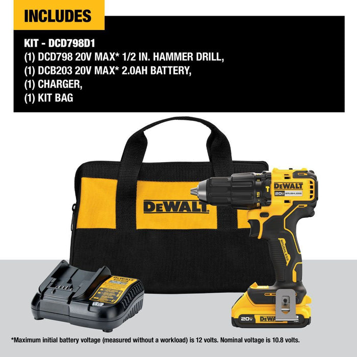DeWALT 20V (DCD798D1) MAX Brushless Cordless 1/2 In. Hammer Drill Kit